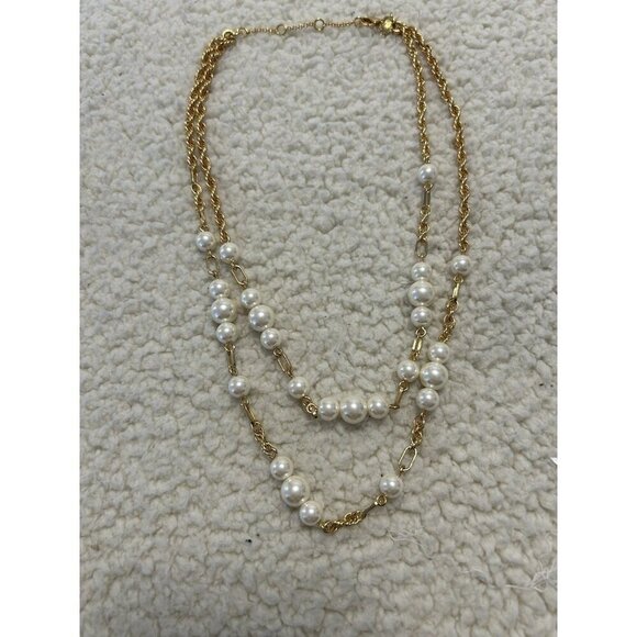 J CREW Double Layered Pearl Gold Link Chain Necklace 16"+18" - Picture 1 of 6